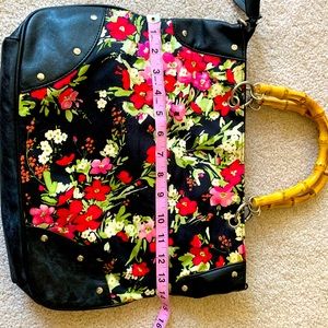 Floral fabric tote purse with faux leather details